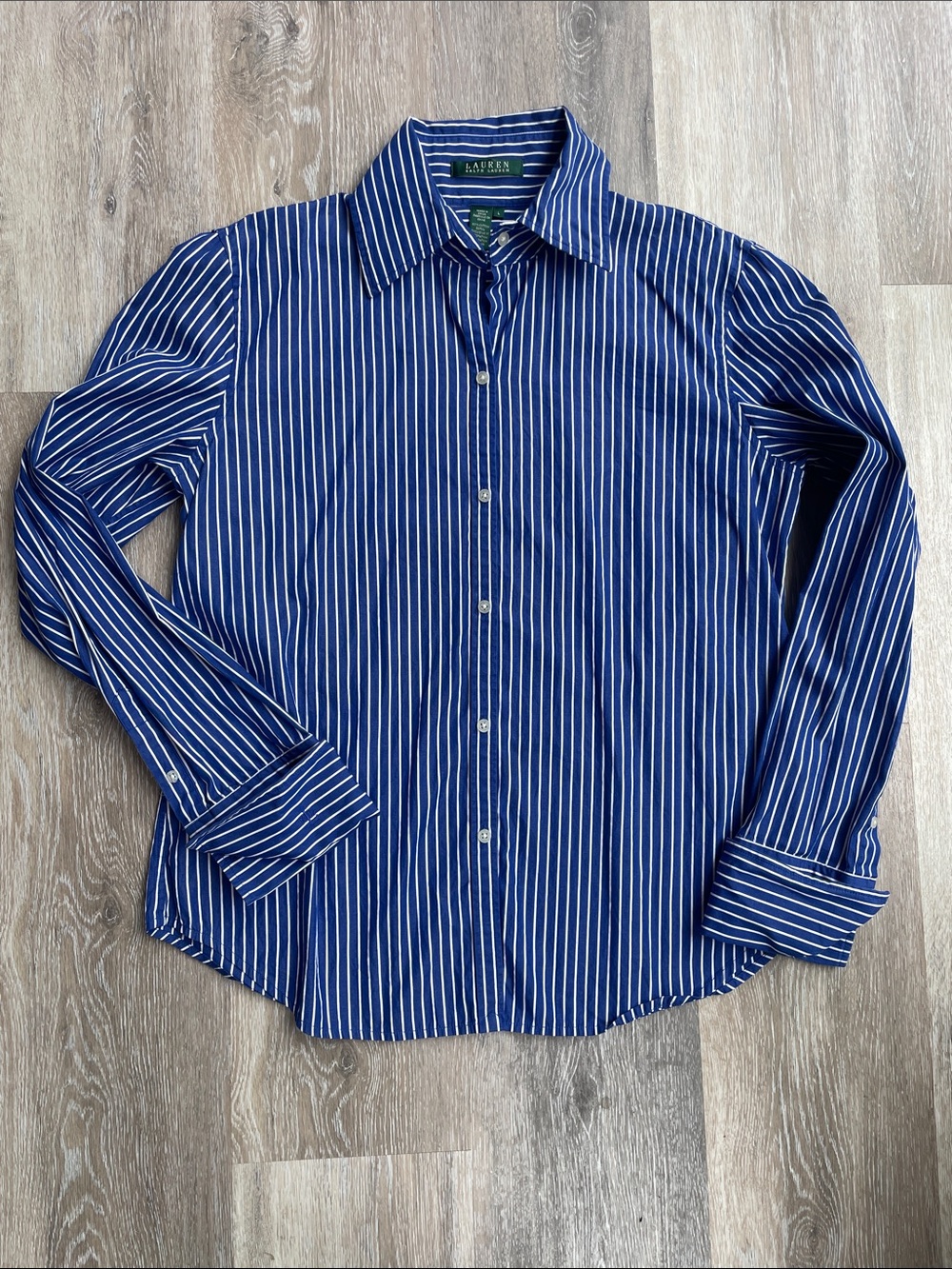Lauren Ralph Lauren Navy & White Vertical Stripe Dress Shirt with logo